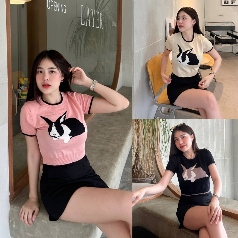 SpinnyHouse เสื้อครอปแขนสั้น ผ้าไหมพรม ถักลายกระต่าย   น่ารักม้าก  รุ่น หูกระต่าย B-014-4-A – โปรปัง