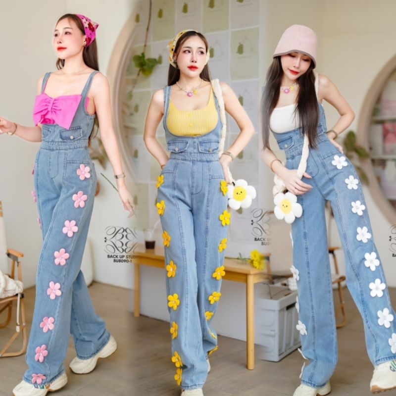 💐🌸🌼เอี้ยมขายาวทรงกระบอกแต่งดอกไม้น่ารัก แต่งดอกไม้3D กางเกงยีนส์เอวสูง