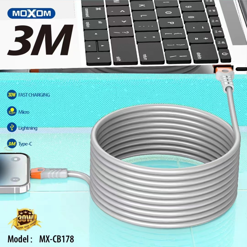 ใหม่ยาว 3 เมตร สายชาร์จชาร์จเร็ว MoXom รุ่น MX- CB177 ยาว2เมตร สายชาร์จ Micro. Type C. iO Sกำลังไฟชาร์จ 30 วัตต์สายชาร์จ
