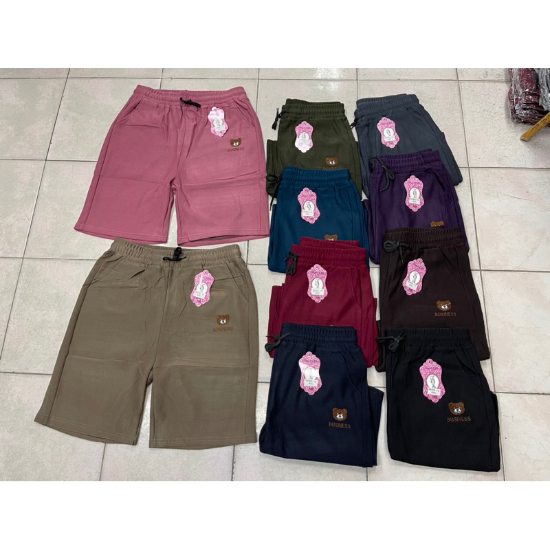 กางเกงขาสั้นผ้ายืดเกาหลีลายปักหมีเนื้อผ้ายืดตามตัวใส่สบายเอวมีเชือกผูกใช้งานได้จริงกระเป๋า2ข้าง