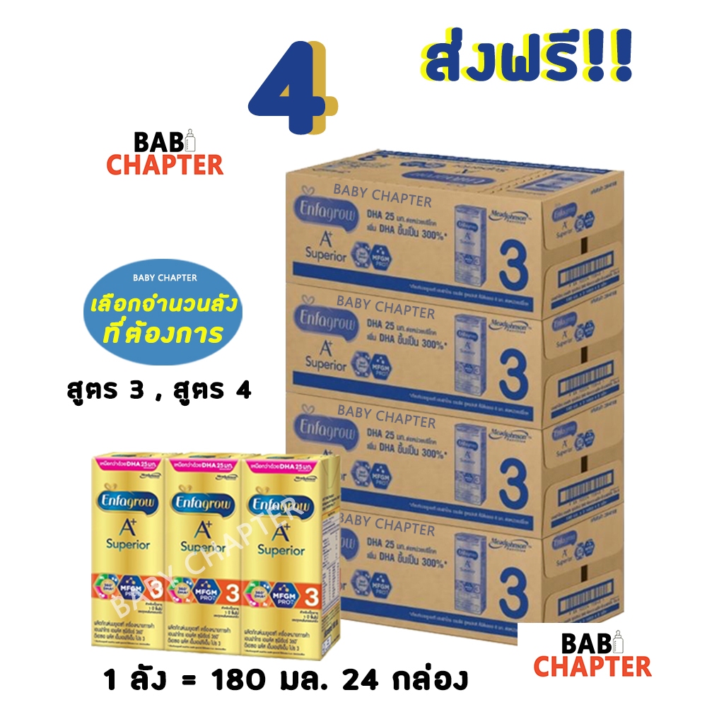 4 ส่งฟรี! Enfagrow A+ Superior สูตร 3 เอนฟาโกร เอพลัส ซุพีเรียร์ 360 กล่องสีทอง 180 มล 24 กล่อง นม น