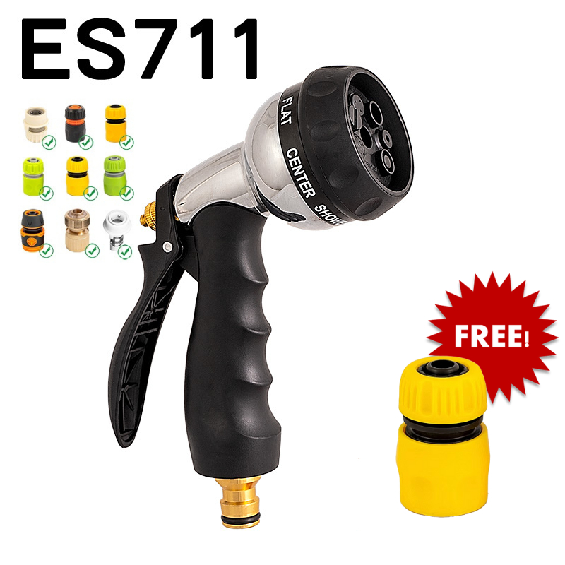 ES711 หัวฉีดน้ำสวมเร็ว ปืนฉีดน้ำ ที่ฉีดน้ำ ปรับได้ 8 รูปแบบ สำหรับล้างรถ รดน้ำต้นไม้ หัวต่อสวมเร็ว พร้อมส่ง