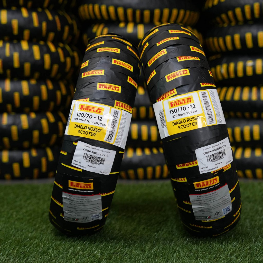 ยาง PIRELLI ขนาด 120/70-12 + 130/70-12 (คู่หน้า+หลัง) ฟรีจุ๊บลมยาง รุ่น ROSSO SCOOTER สำหรับรุ่นรถ V