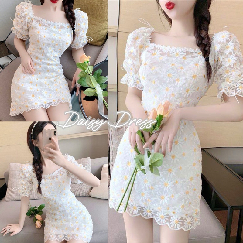 Daisy Dress สินค้าพร้อมส่ง เซ็ต2ชิ้น มินิเดรสสีขาว ผ้าลูกไม้ ปักดอกเดซี่ แขนตุ๊กตา มินิเดรสลายดอกไม้กระโปรง งานป้ายypy