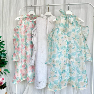 NITAAN (มี46/52)Rose’ DRESS สวยหวานปานเจ้าหญิง ชุดผ้าเยอะ ผ้าออแกนซ่าวิ้งๆลายดอกสีหวาน ชุดมีซับ เปิดไหล่เบาๆมีเชือกค่า