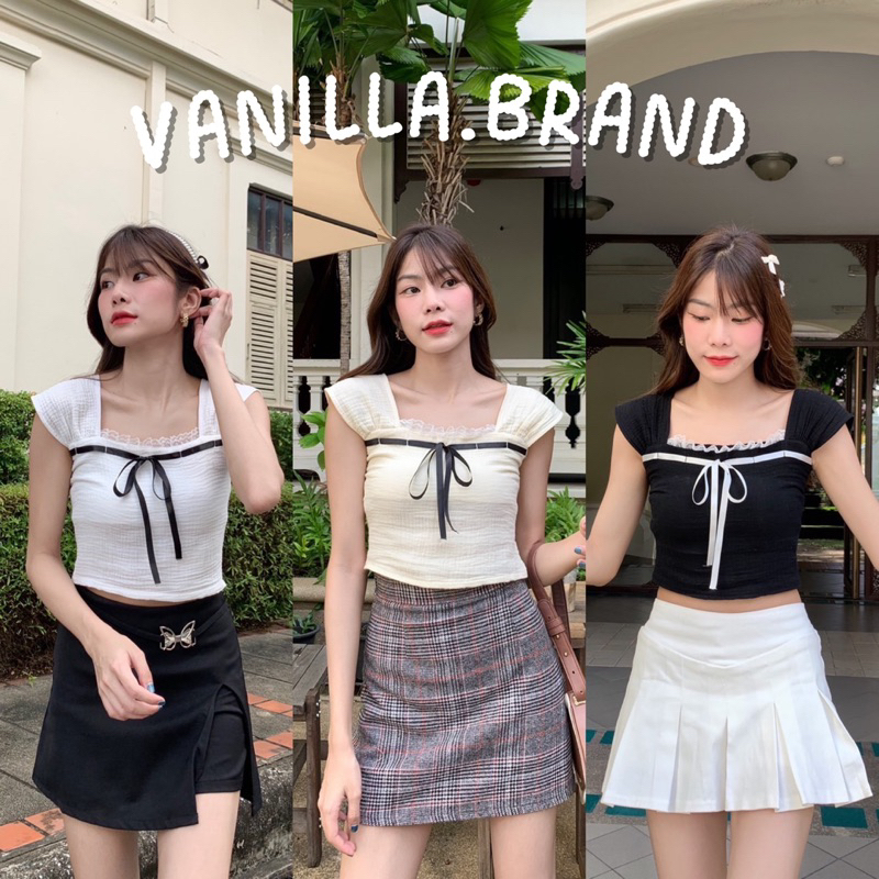 เสื้อกล้ามครอป แต่งขอบลูกไม้ริบบิ้น -ttm / VB0162