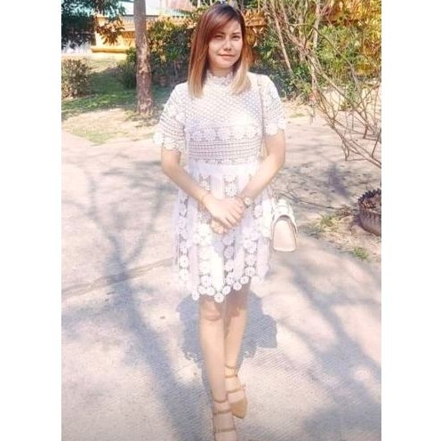 (มือ2)ป้าย Bo Rich Ta(XL)::เดรสกระโปรงแขนสั้นลูกไม้ ซับในน้ำตาล [6/04]