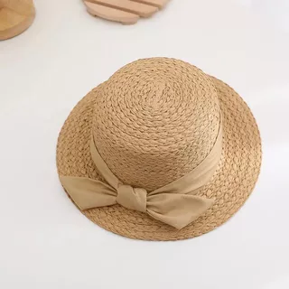 YLW SHOP หมวกสานทรงคัพเค้ก ตกแต่งด้วยโบว์น่ารักๆพร้อมส่งจากไทย A094