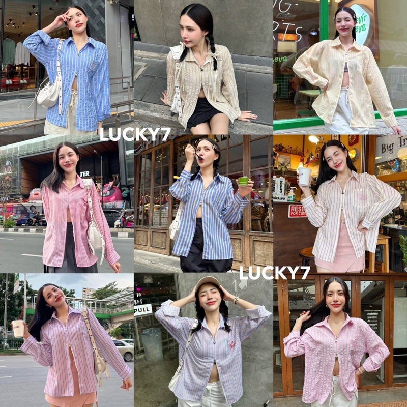 เสื้อเชิ้ตเเขนยาวซิปหัวใจ ลายริ้ว ปักกระเป๋า มี18สี