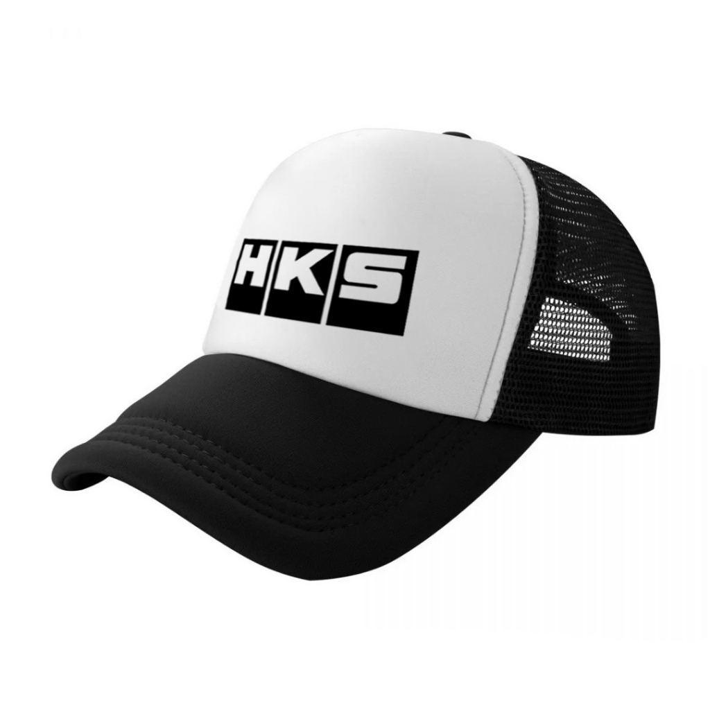หมวกแก็ป หมวกเบสบอล หน้าขาว หลังตาข่าย สกรีน HKS ด้วย Flex pu ขอบสวย คมชัด