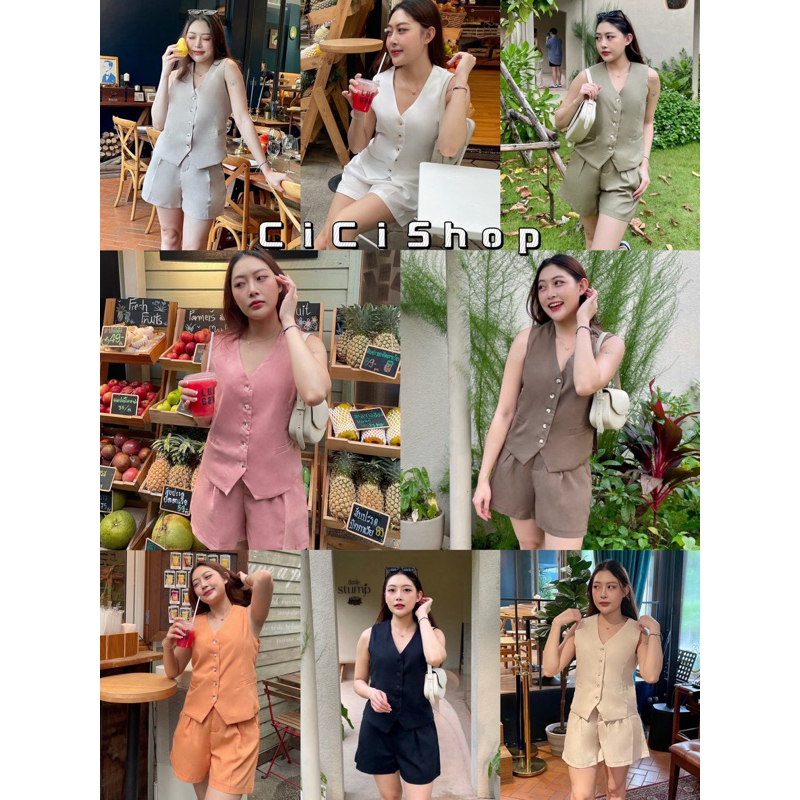 Cicishop(5102)ชุด Set เสื้อกั๊กแขนกุด+กางเกงขาสั้น ผ้าดีใส่สบาย ลุคสาวเท่ห์ควรมี ราคา ถูกที่สุด ดีลบีเคเค