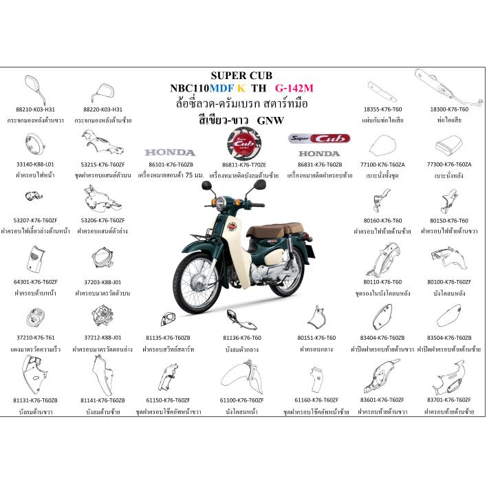 ชุดสี SUPER CUB2019 เบาะ 2 ตอน สีเขียว-ครีม ขายแยกชิ้น กดเลือกในตัวเลือก อะไหล่ honda แท้ 100% ชุดสีsupercub2019