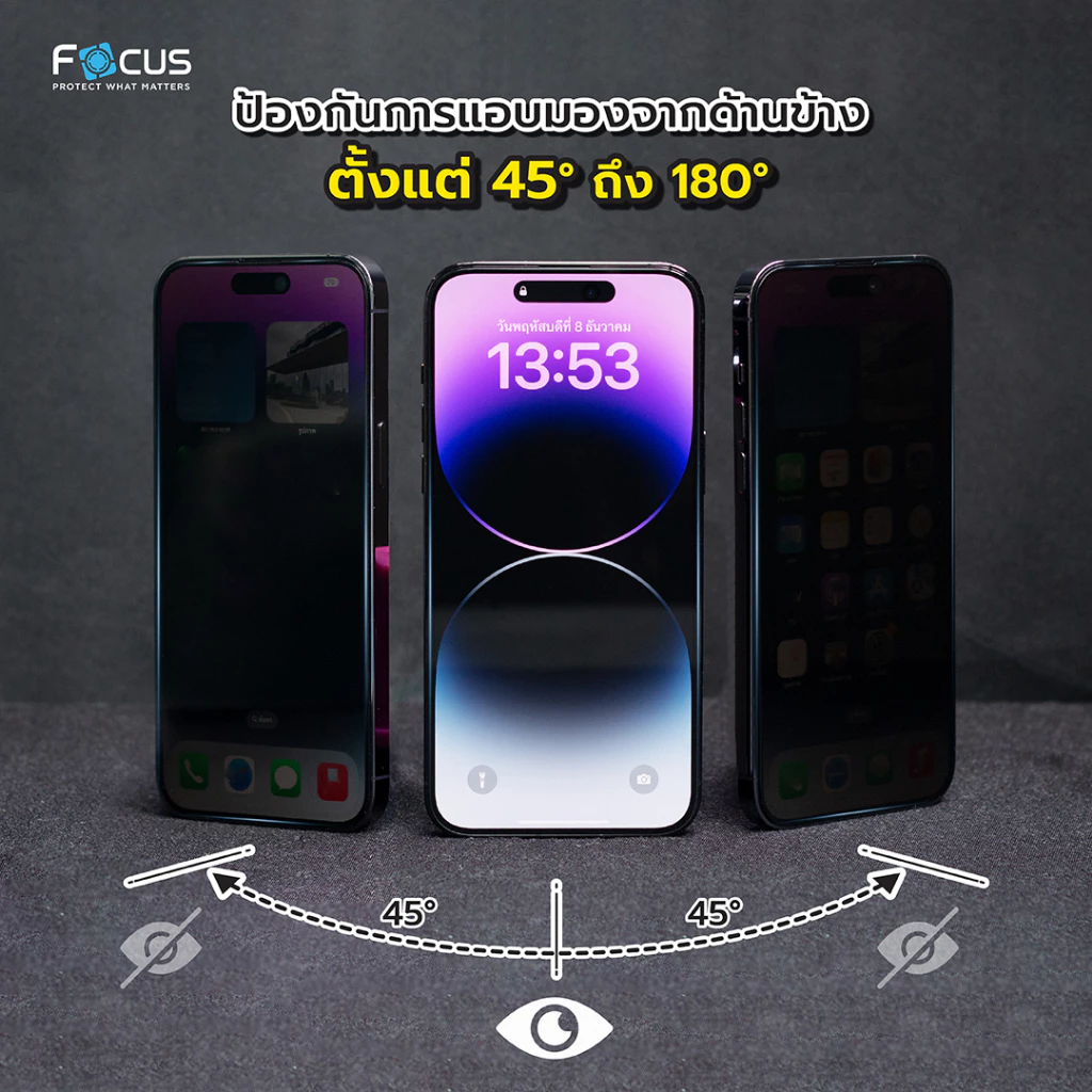 Focus ฟิล์มกระจกเต็มจอ Privacy กันเผือก for iPhone 18 17 16 15 14 13 12 11 Pro Max Plus Air 17e 16e กันมอง ไอโฟน thumbnail 4
