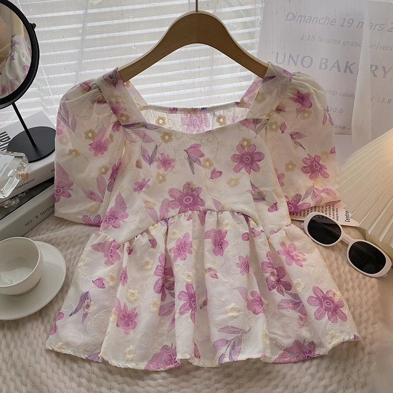 LHfashion เสื้อคอกว้างแขนพอง ลายดอกไม้ 4 สี thumbnail 5
