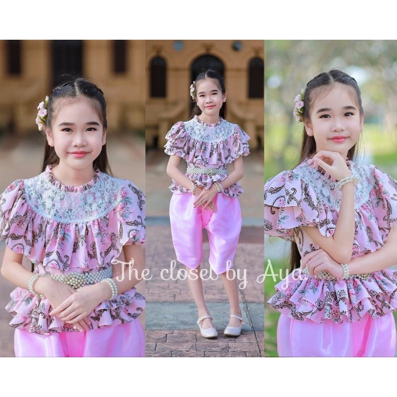 ชุดไทยเด็กผู้หญิง(เสื้อสีชมพูแต่งลูกไม้อก+โจงกระเบนชมพู)