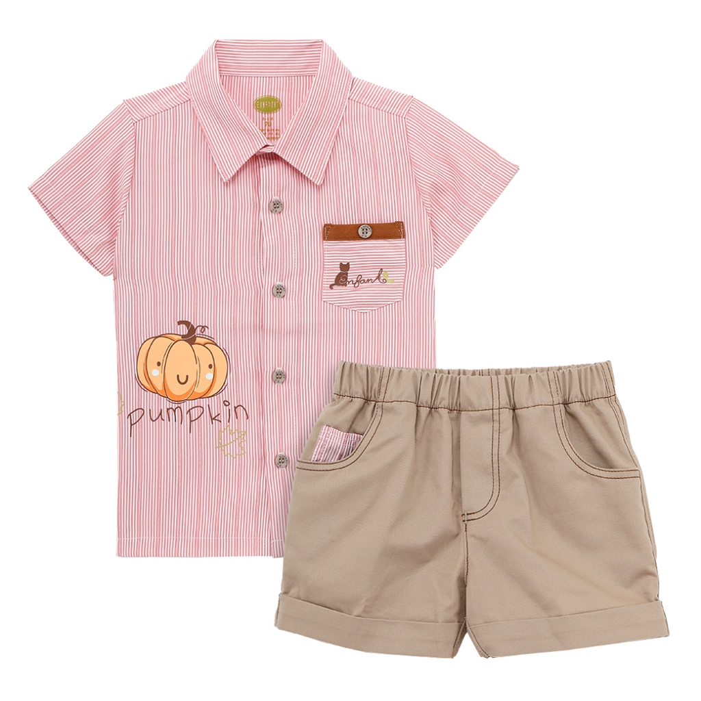 Enfant (อองฟองต์) ชุดเสื้อเชิ้ตกระดุมหน้าแขนสั้น + กางเกงขาสั้น ลายฟักทอง คอลเลคชั่นPumpkin สำหรับเด็กอายุ 12-24 เดือน