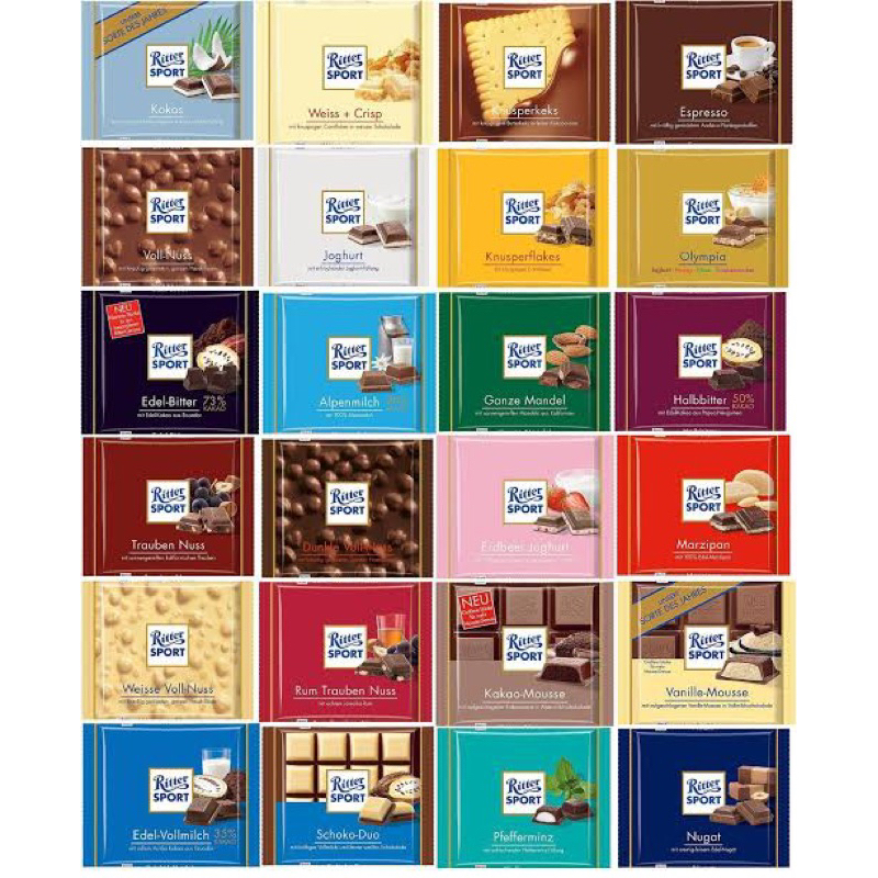 Ritter sport chocolate 100g.ช็อกโกแลต ริทเทอสปอร์ท หลายรสชาติ นำเข้าจากเยอรมัน🇩🇪