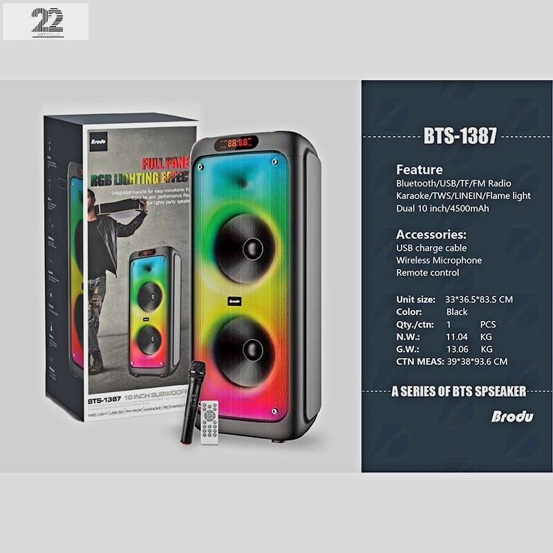 (BRODU) BTS-1387 ลำโพงบลูทูธ10นิ้ว2ดอก เบสแน่นฟรีไมค์ลอย