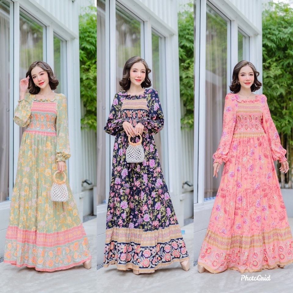 MAXI DRESS BOHEMIAN พร้อมส่ง ชุดเดรสโบฮีเมียนสาวอวบผ้าลายดอกไม้สวยหวาน ใส่เที่ยวใส่ออกงานเกษียณ เสื้อผ้าแฟชั่นบิ๊กไซส์