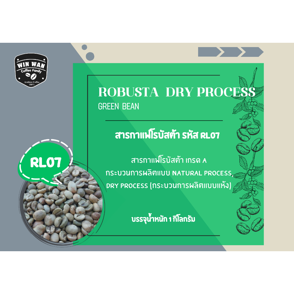 สารกาแฟโรบัสต้า รหัส RL07  Robusta Dry Process เกรด Aแพ็ค 1 Kg รหัส RL07