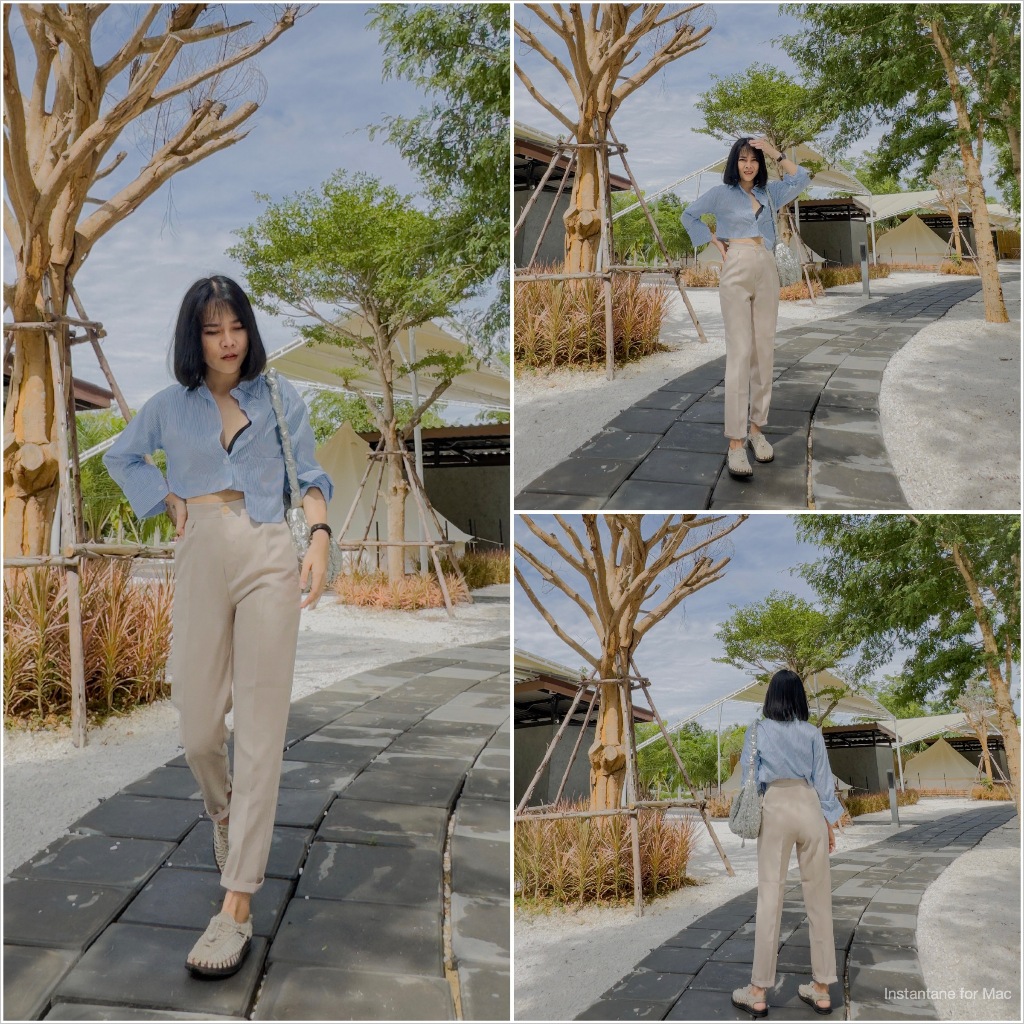 (PA) ARTHITTAYA.BRAND กางเกงเนื้อผ้าสลาฟ 9 ส่วน วินเทจ เอวสูง-สีครีม