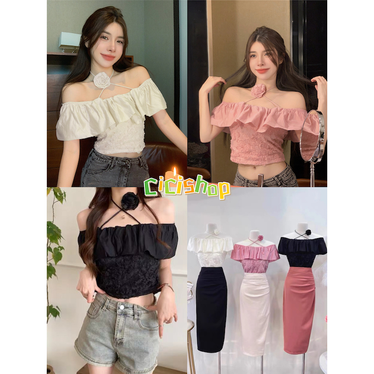 Cicishop(XS937)เสื้อครอปเปิดไหล่ ดีเทลสายคล้องคอประดับดอกไม้ แต่งฉลุ ระบายรอบอก สไตล์สาวหวาน