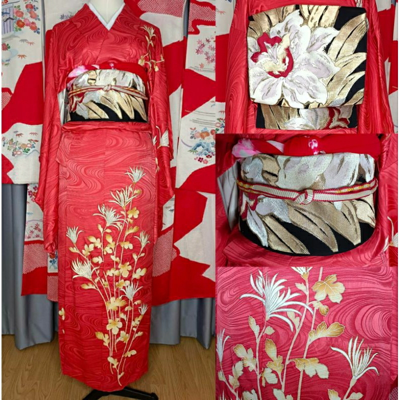 พร้อมส่ง set kimono กิโมโนสีแดง มือสองของแท้จากญี่ปุ่น