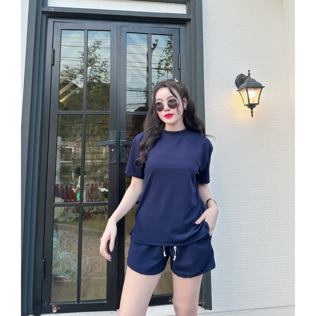 ชุดเซตผ้าวูลเวฟ เสื้อแขนสั้นคอกลม+กางเกงเอวยางยืดเชือกด้านใน (B14,B15) A2239