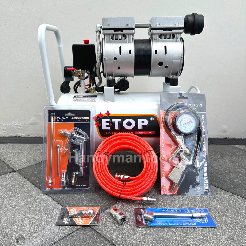 ETOP ปั๊มลม ถังลม ปั๊มลมโรตารี่ ปั๊มลมออยฟรี ขนาด 30 ลิตร กำลัง 1100W ทองแดงแท้ + อุปกรณ์ 6 อย่าง (สินค้ามีตัวเลือก)