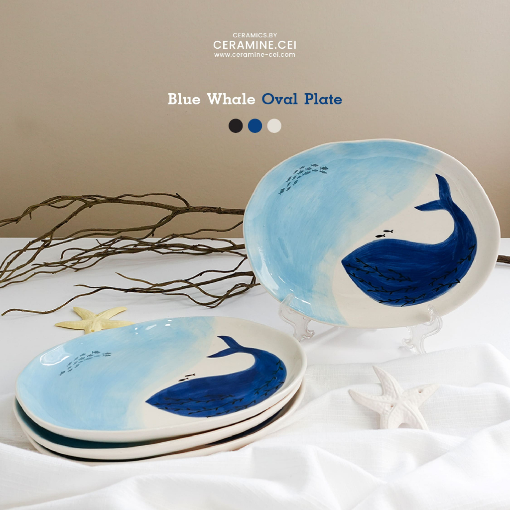 Blue Whale Oval Plate จานข้าวทรงวงรีขอบหยัก ขนาด 9 นิ้ว ลายปลาวาฬและท้องทะเล เข้าไมโครเวฟได้