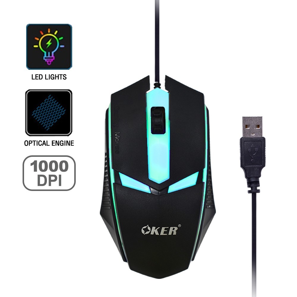 OKER เมาส์เกมส์มิ่งแบบสาย USB รุ่น OP-165 มีไฟLED เมาส์3ปุ่ม ความเร็ว1,000DPI