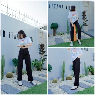 [S-3XL](TW) ARTHITTAYA.BRAND กางเกงผ้าทูเวย์ ทรงกระบอกกลาง 9 ส่วน-สีดำ