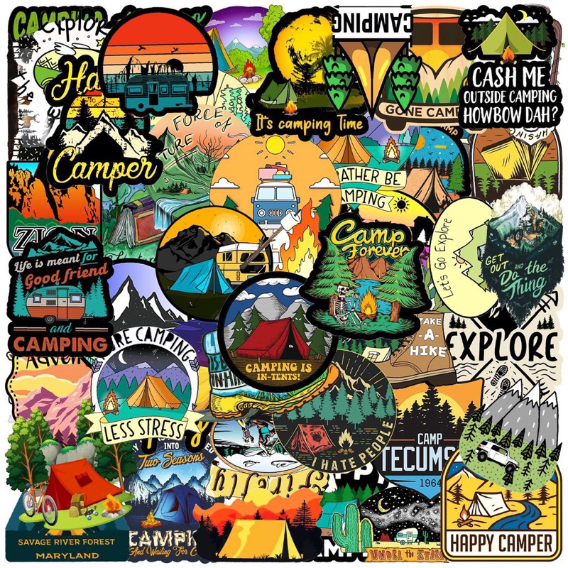สติ๊กเกอร์ camping 616 แคมป์ปิ้ง 50ชิ้น เต็นท์ เดินป่า แคมปิ้ง ตั้งแคม แคมป์ outdoor เดิน ป่า ท่องเที่ยว cam ping ปิกนิค