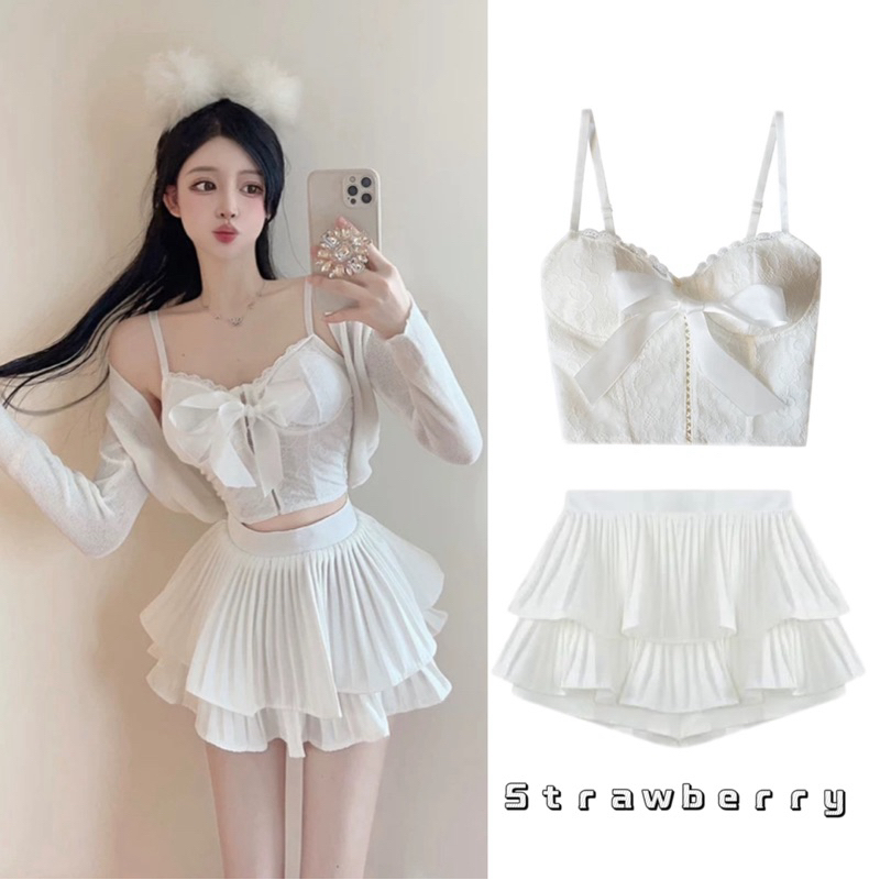 🍦พร้อมส่ง🍦เสื้อเซ็ท2ชิ้น ชุดสีขาว ชุดไปทะเล เสื้อสายเดี่ยว+กระโปรงสั้น มีฟองน้ำ น่ารักเซ็กซี่เบาๆ สำหรับผู้หญิง