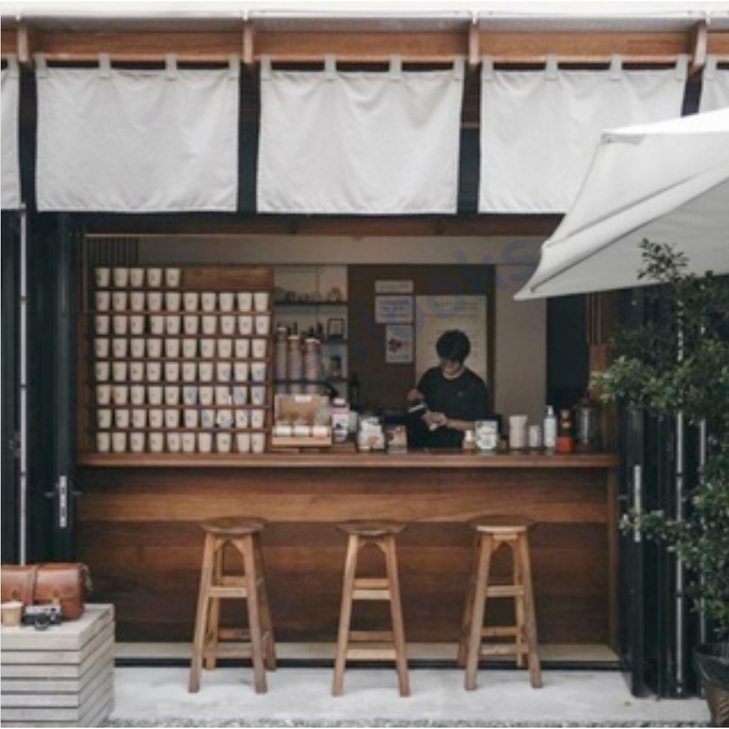 ม่านญี่ปุ่น แบบมีหู งานมินิมอล ผ้าดิบสีอ่อน สำหรับติดร้านอาหาร หรือร้านกาแฟ (DO)