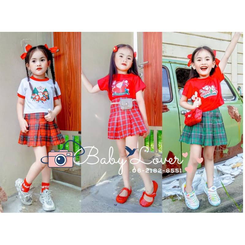 ชุดเซ็ตคริสต์มาสเด็ก เสื้อยืดสกรีนลาย + กระโปรงจีบ ลายสกอต เอวสม็อค (SP004) S-XL