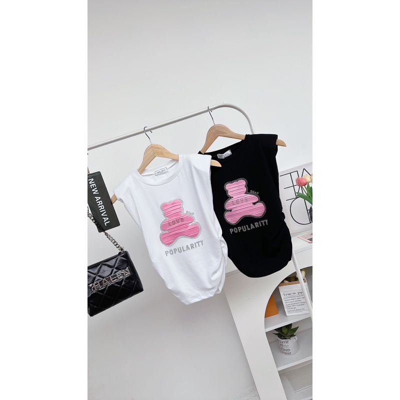 D101เสื้อยืดเสริมบ่าดึงยางด้านข้างแต่งอะไหล่เพชร