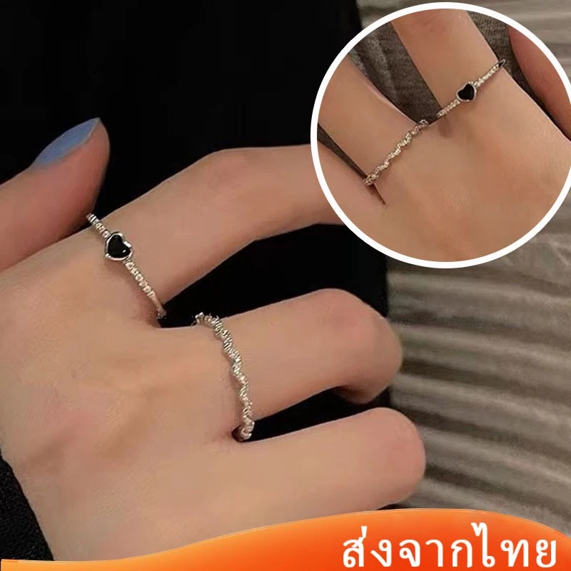 COD💖2 ชิ้นรักหัวใจเฮ่าหินแหวนเงินสามารถปรับขนาดเครื่องประดับแฟชั่นเกาหลีสำหรับผู้หญิงคปาร์ตี้