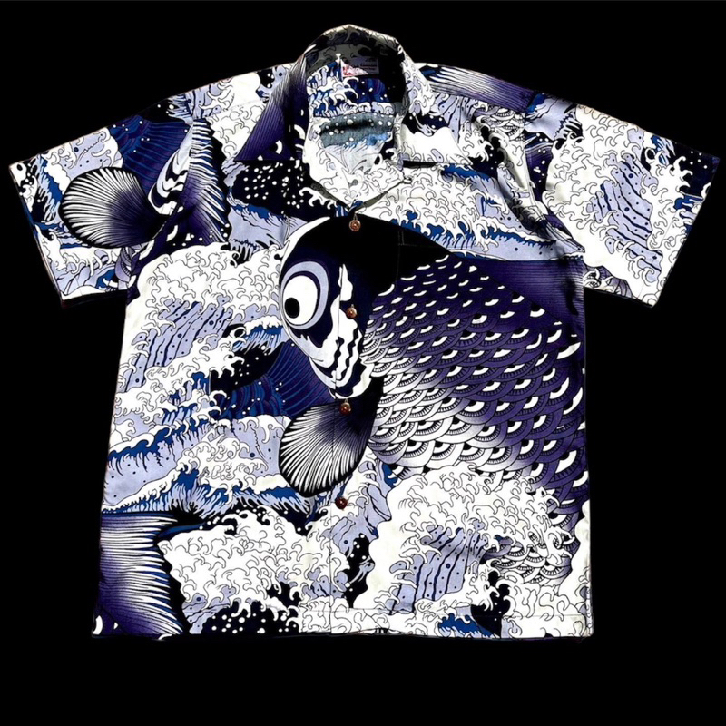 ปลาคราฟน้ำเงิน Style hawaii rayon เสื้อฮาวายผ้าเรยอน