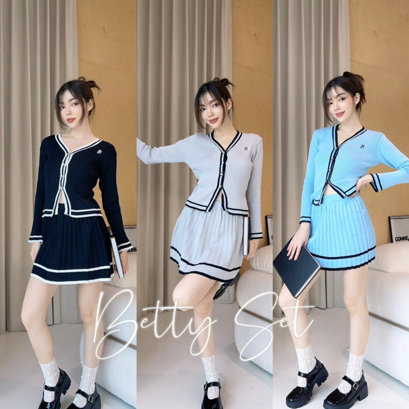 Wendystore182 (Betty Set)งานชุดเชตไหมพรม กระโปรงจีบพีช