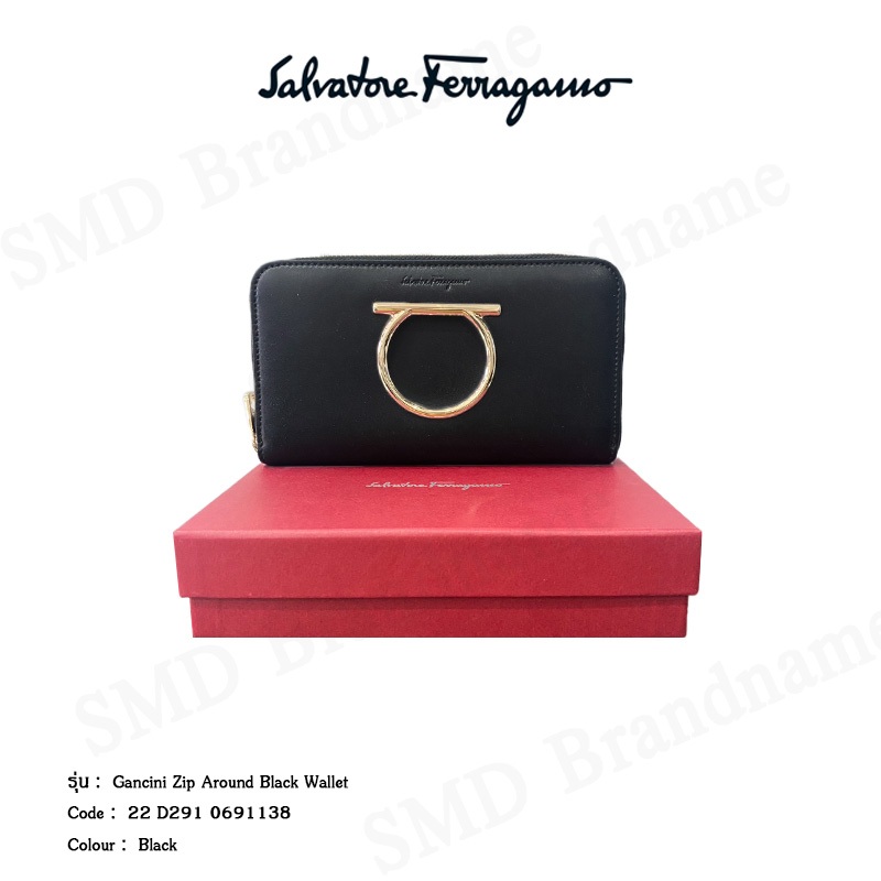 Salvatore Ferragamo กระเป๋าสตางค์คุณผู้หญิงใบยาวแบบซิป รุ่น GANCINI ZIP AROUND BLACK WALLET Code: 22 D291 0691138