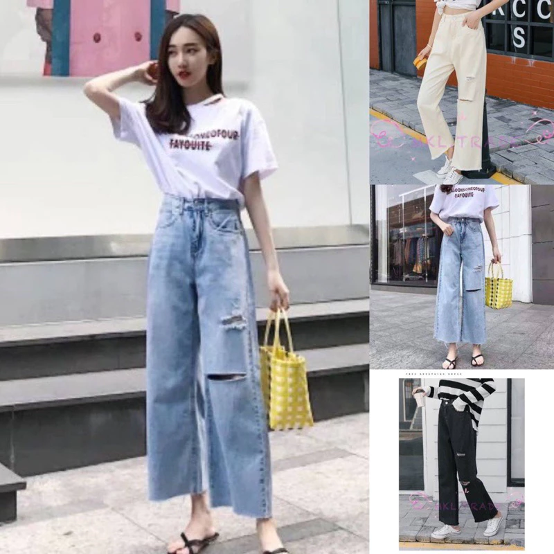 📌กางเกงยีนส์ผู้หญิง ขายาว เอวสูง ปลายรุ่ย แต่งขาดขาด้านซ้าย #8028