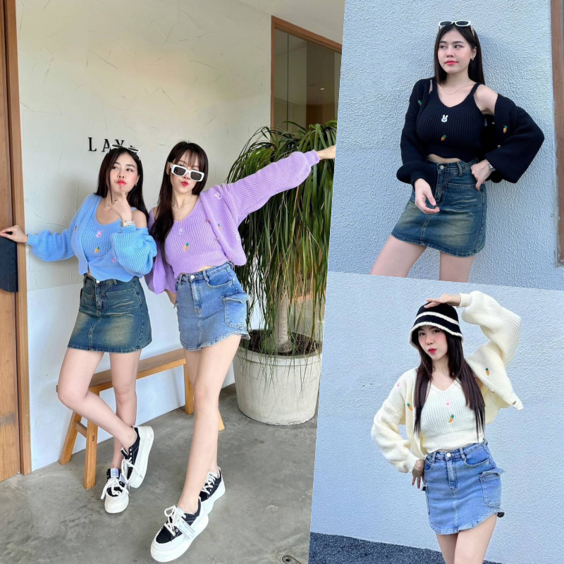 ชุดเซ็ต 2 ชิ้น เสื้อกล้ามสายเดี่ยวถักในตัว + เสื้อคลุม ผ้าไหมพรมขนนุ่มฟู (สไตล์คาเฟ่)