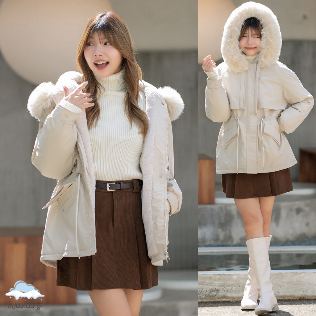 [ LB-035 I Snowy Coat + Aricia Sweater + Aiwi Skirt ] เสื้อโค้ท มีฮู้ด ขนเฟอร์ ถอดได้ I เสื้อคอเต่าบุขน I กางโปรงลูกฟูก