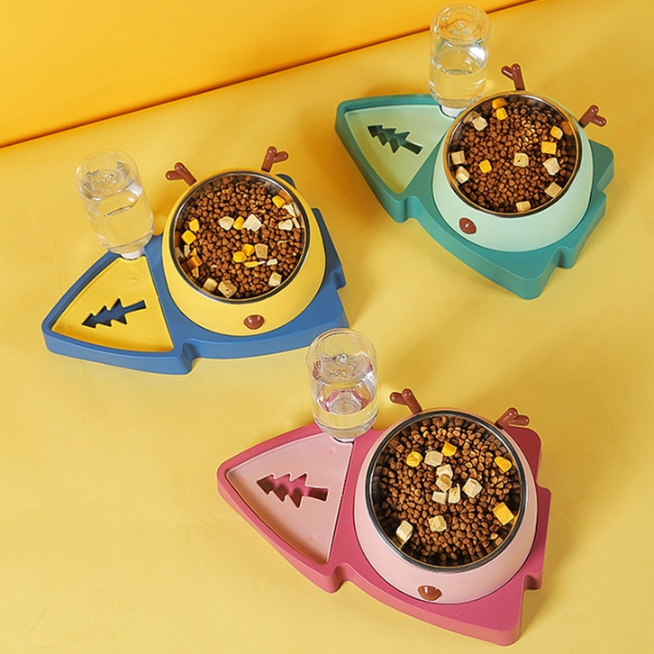 KTCAT ชามอาหารแมว ชามอาหารสตัว์เลี้ยงคู่พร้อมที่ใส่น้ำอัตโนมัติลายกวาง 3สี น่ารักก เหมาะสำหรับ แมวและสุนัข กันมด