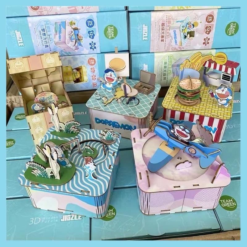 3D puzzle ของเล่นตัวต่อไม้กล่องดนตรีโดเรมอน ไขลาน หมุนได้ มีเพลง