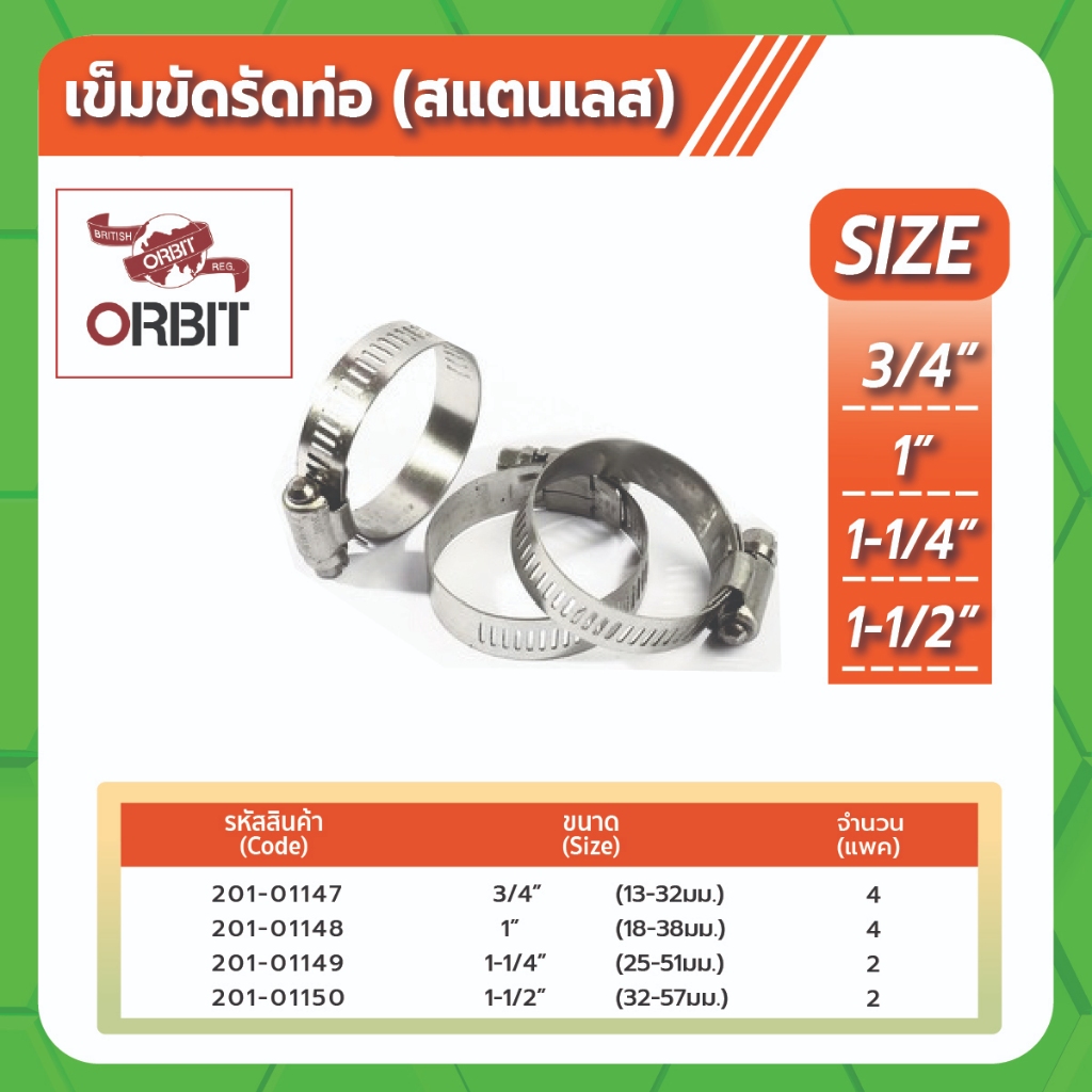 เข็มขัดรัดท่อ (สแตนเลส) ขนาด 3/4" 1" 1-1/4" 1-1/2" ORBIT