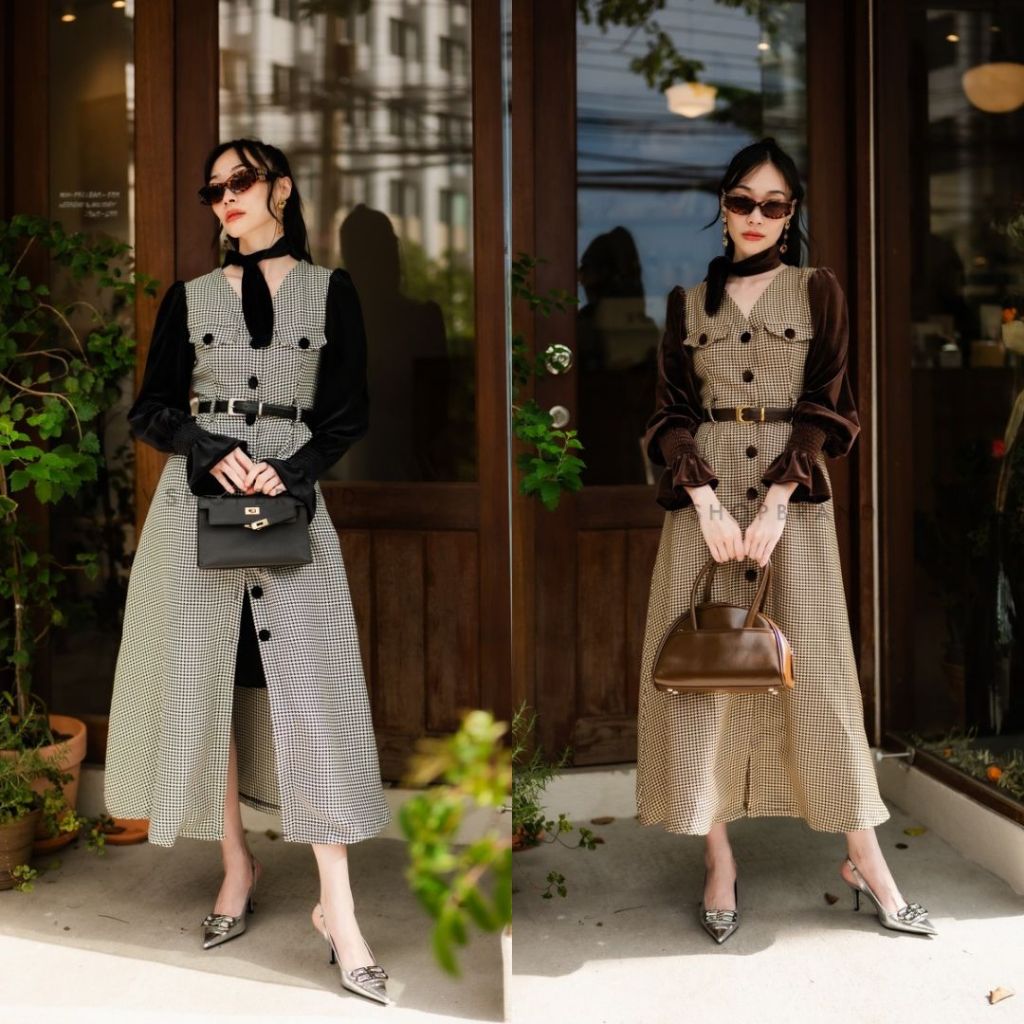 พร้อมส่ง เดรสยาวกระดุมหน้าลายชิโน แขนกำมะหยี่ + เข็มขัด + เชือก งานป้าย vshop