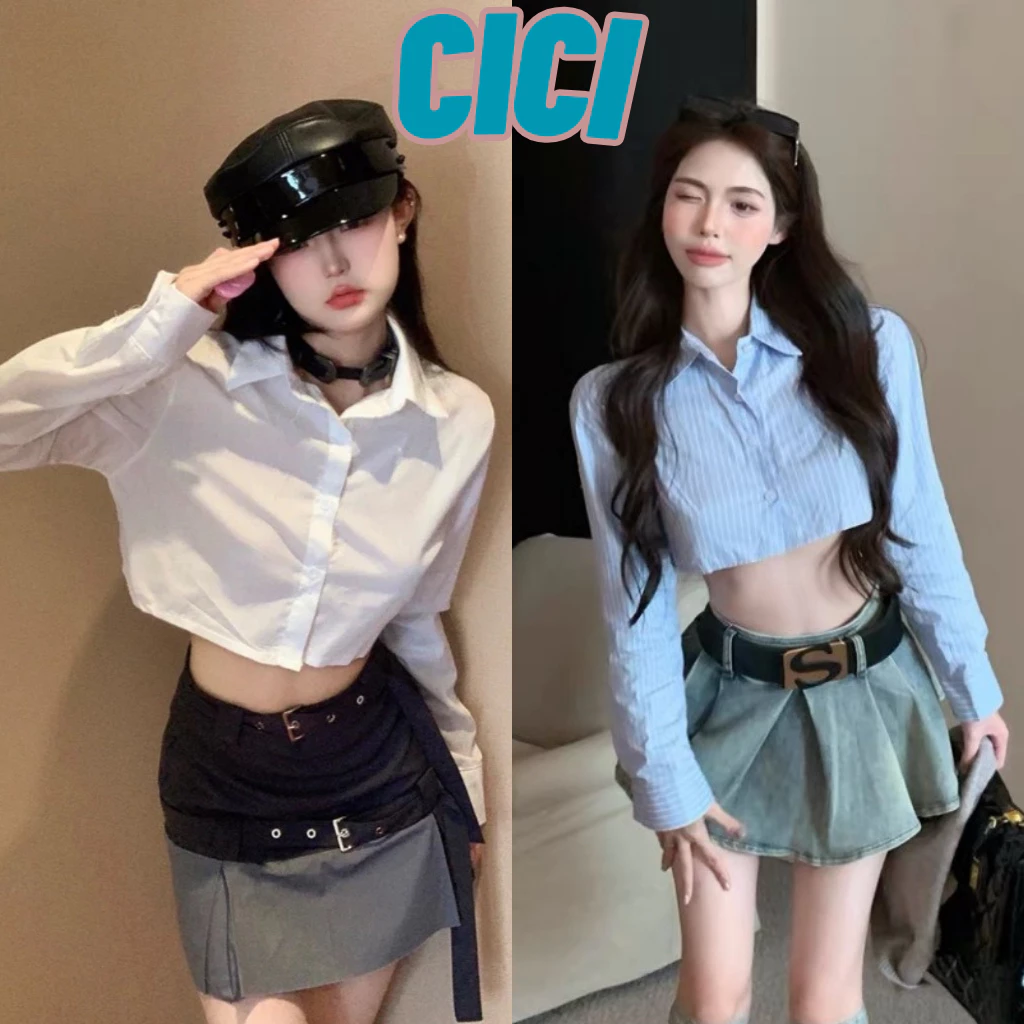 ส่งทันที Cici(NO. S3126)เสื้อเชิ้ตครอปคอปกแขนยาว ผ้าดีใส่สบาย ทรงชิคๆ สาวหวานสาวแซ่บไม่ควรพลาด