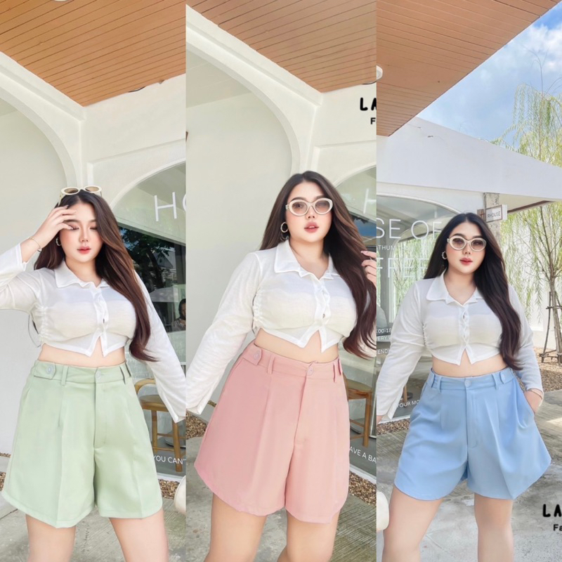 (LC) กางเกงขาสั้นเอวสูง ดีเทลขอบข้างอินธนู สีพาสเทลน่ารักมาก เสื้อผ้าสาวอวบอ้วน พลัสไซส์ ไซส์ใหญ่